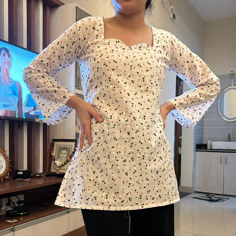 White Square neck bell sleeves short kurti
